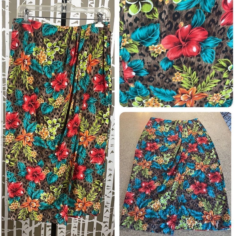 Silk Leopard & Hibiscus Tropical Print Wrap Style Maxi Skirt sz 8